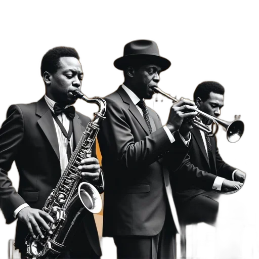 collage, black, white, photographs, featuring, jazz, musicians, including transparent PNG cut-out