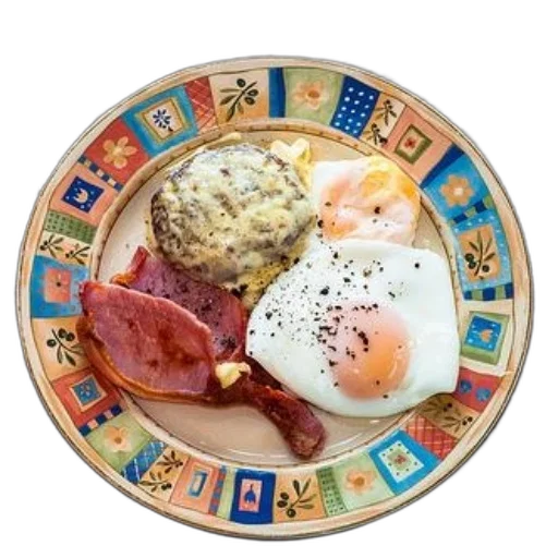 food, colorful, plate, breakfast, eggs, bacon, sausage, patty transparent PNG cut-out