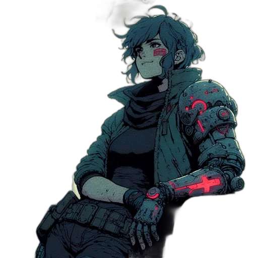 jacket, robot, weapon, mask, cyberpunk, concept art, pixel art, comic book art transparent PNG cut-out