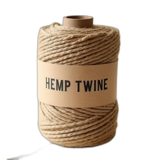 bottle, close-up, image, spool, hemp, twine, label, reads transparent PNG cut-out
