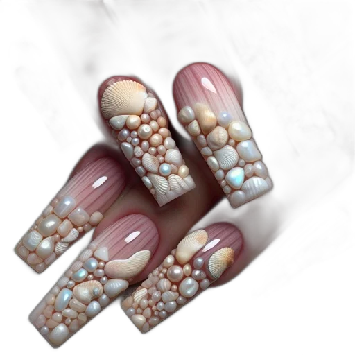 jewelry, photorealistic, 3d render, pastel, delicate, seashell-bedecked, nails, painted transparent PNG cut-out