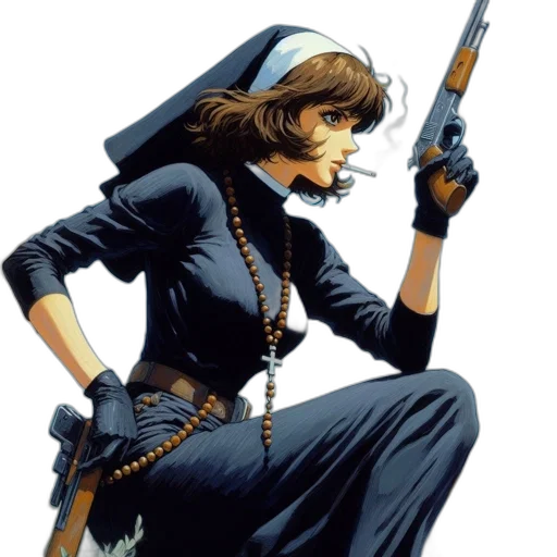 weapon, comic book art, concept art, pixel art, cartoon, nun, cigarette, gun transparent PNG cut-out