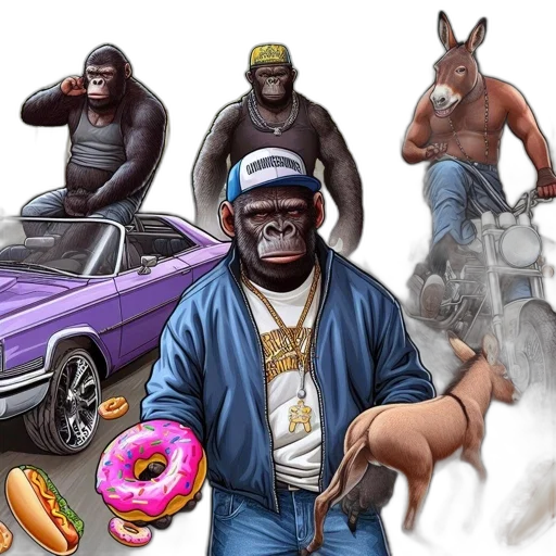 car, animal, concept art, photorealistic, comic book art, four, anthropomorphic, animals transparent PNG cut-out