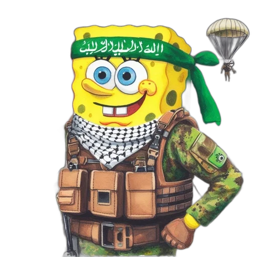 weapon, cartoon, concept art, pixel art, spongebob, military, garb, green transparent PNG cut-out