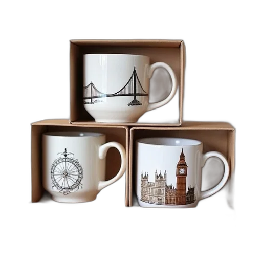 photorealistic, three, ceramic, london, style, mugs, gift, boxes transparent PNG cut-out