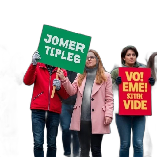 jacket, group, people, standing, street, holding, signs, banners transparent PNG cut-out