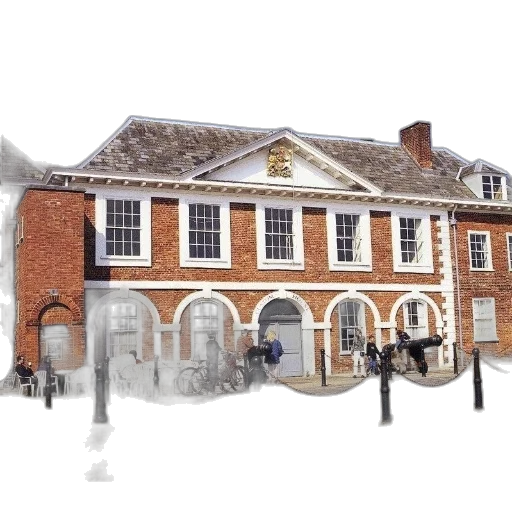 building, photorealistic, snow, city street, brick, white, trim, arched transparent PNG cut-out