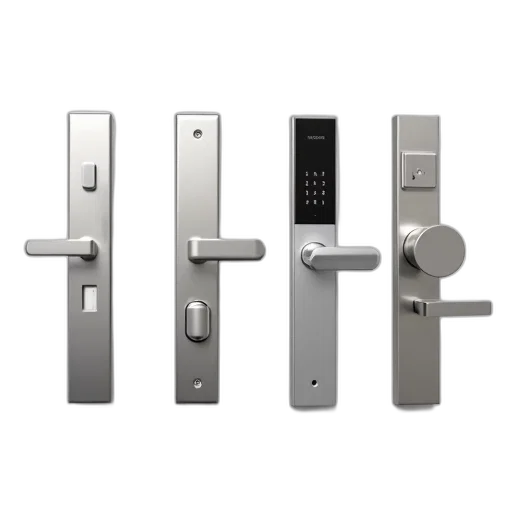 set, four, silver, door, handles, displayed, against, white transparent PNG cut-out
