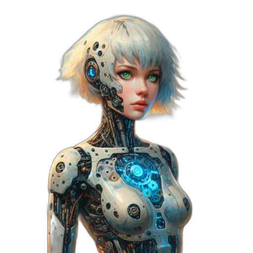 robot, dress, face, cyberpunk, concept art, fantasy art, 3d render, blue transparent PNG cut-out