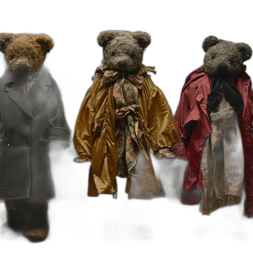 jacket, 3d render, concept art, three, teddy, bears, stand, row transparent PNG cut-out