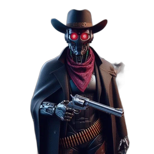 robot, mask, weapon, concept art, cyberpunk, comic book art, pixel art, cowboy transparent PNG cut-out