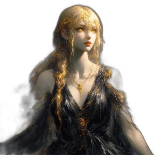 dress, face, fantasy art, concept art, photorealistic, oil painting, golden, dark transparent PNG cut-out