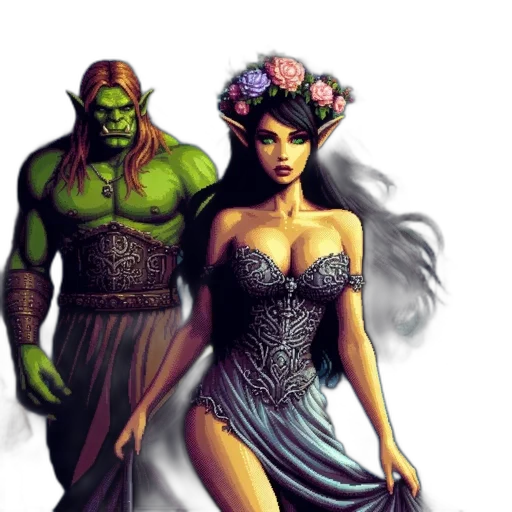 dress, fantasy art, comic book art, concept art, pixel art, green, orc-like, figure transparent PNG cut-out