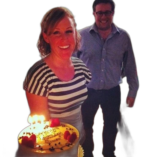 staff, woman, striped, shirt, stands, next, birthday, cake transparent PNG cut-out