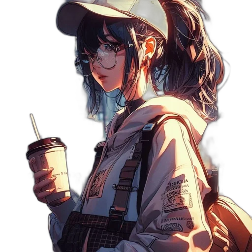 jacket, hat, staff, weapon, anime, cyberpunk, vaporwave, concept art transparent PNG cut-out