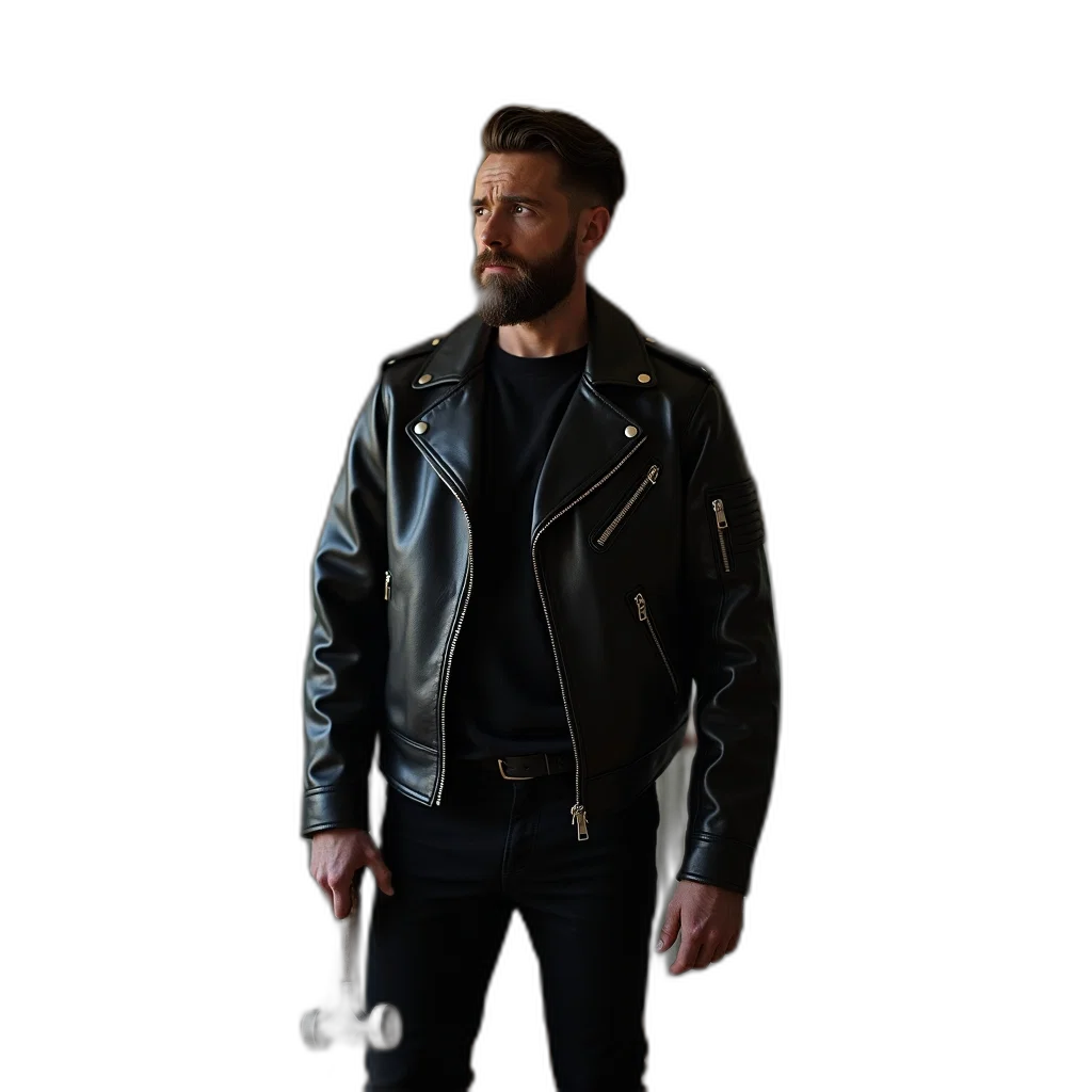 jacket, staff, face, weapon, 3d render, concept art, cyberpunk, photorealistic transparent PNG cut-out