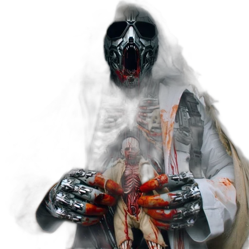mask, jacket, creature, face, concept art, photorealistic, 3d render, comic book art transparent PNG cut-out