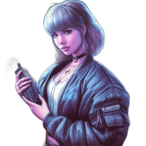 jacket, robot, weapon, staff, cyberpunk, concept art, vaporwave, fantasy art transparent PNG cut-out