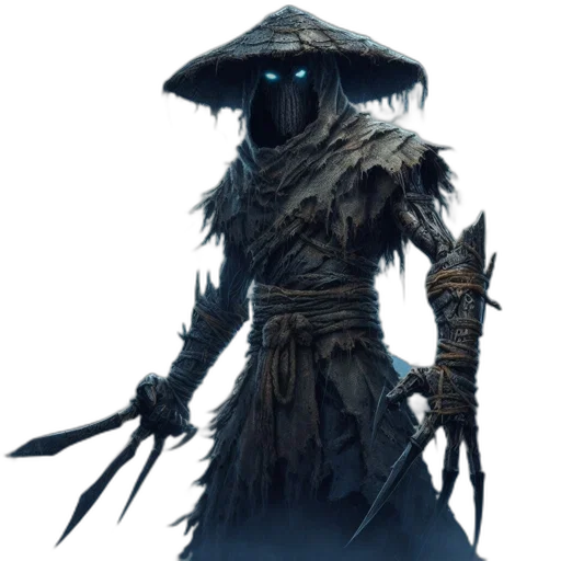mask, staff, sword, hat, concept art, fantasy art, comic book art, 3d render transparent PNG cut-out
