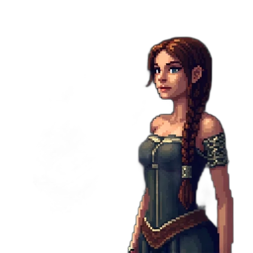 dress, staff, fantasy art, pixel art, concept art, 3d render, earth tones, green transparent PNG cut-out