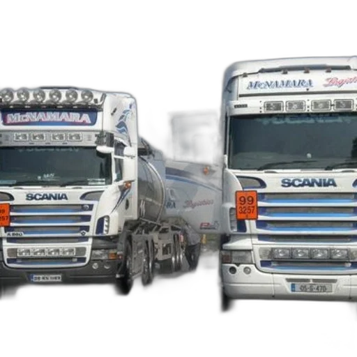 photorealistic, 3d render, concept art, two, scania, trucks, parked, next transparent PNG cut-out