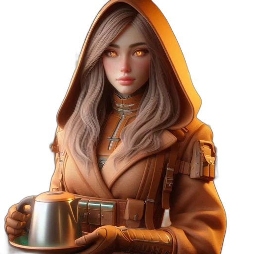 jacket, staff, robot, fantasy art, concept art, 3d render, photorealistic, earth tones transparent PNG cut-out