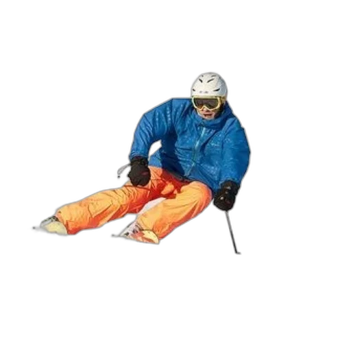 staff, jacket, 3d render, photorealistic, skier, blue, orange, pants transparent PNG cut-out
