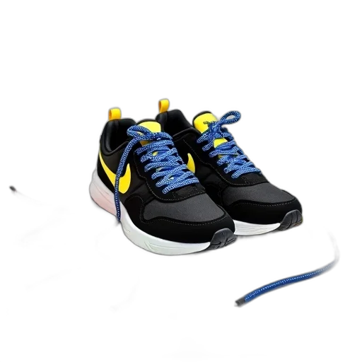 shoes, 3d render, pair, black, yellow, sneakers, blue, white transparent PNG cut-out
