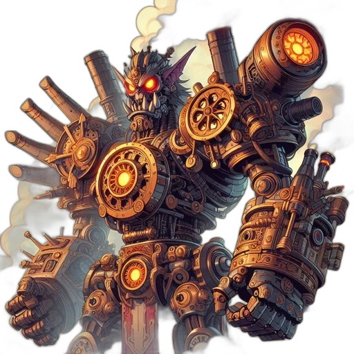 weapon, robot, staff, concept art, fantasy art, imposing, steampunk, dominates transparent PNG cut-out