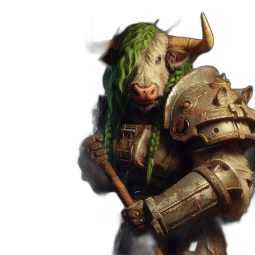 weapon, face, concept art, fantasy art, photorealistic, green, half-human, half-bull transparent PNG cut-out