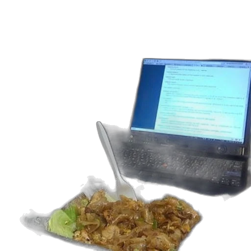 food, staff, 3d render, small, dog, sits, next, laptop transparent PNG cut-out