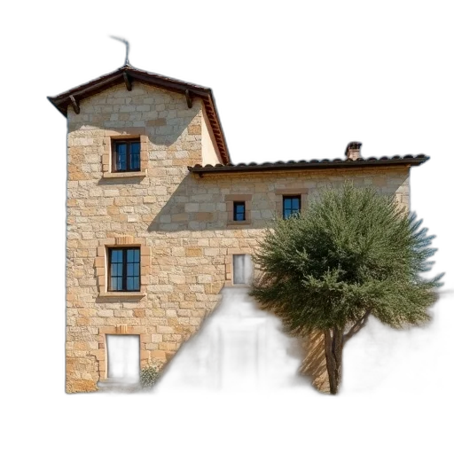 building, tree, 3d render, photorealistic, concept art, rustic, stone, flat transparent PNG cut-out