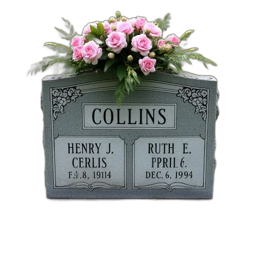 photorealistic, weathered, aged, headstone, floral, arrangement, top, bears transparent PNG cut-out
