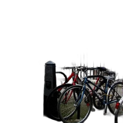 building, 3d render, bicycles, parked, sidewalk, front, black, fence transparent PNG cut-out