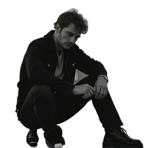 jacket, staff, shoes, photorealistic, concept art, monochrome, man, road transparent PNG cut-out
