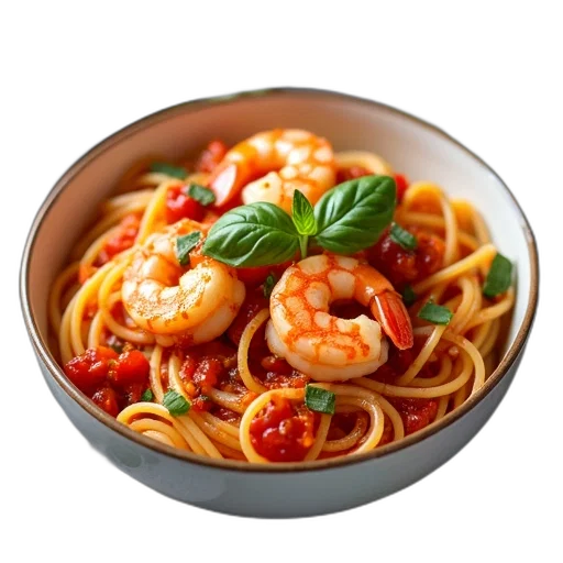 food, photorealistic, 3d render, bowl, pasta, tomato, sauce, topped transparent PNG cut-out