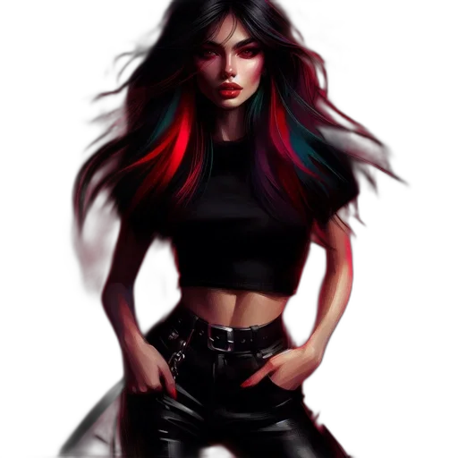 hair, fantasy art, concept art, comic book art, cyberpunk, neon lights, red, dark transparent PNG cut-out