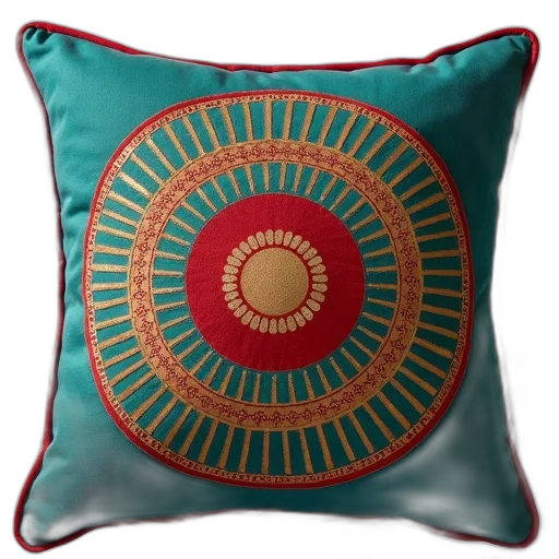 red, teal, pillow, trim, decorative, gold, circular, pattern transparent PNG cut-out