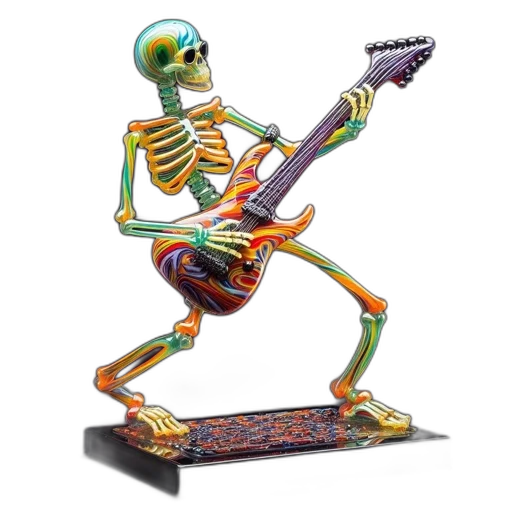 robot, colorful, lively, glass, sculpture, depicts, skeleton, playing transparent PNG cut-out