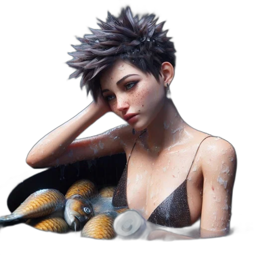 hair, jewelry, creature, photorealistic, concept art, fantasy art, 3d render, underwater transparent PNG cut-out