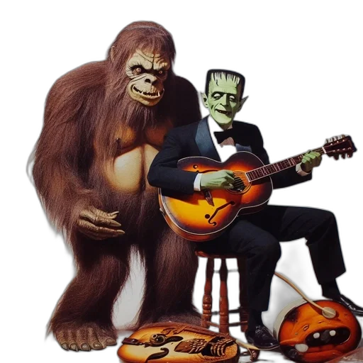 concept art, two, iconic, characters, realistic, gorilla, dressed-up, frankenstein transparent PNG cut-out