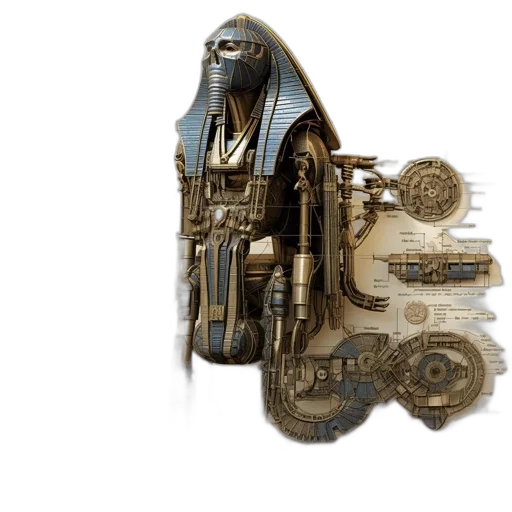 robot, weapon, mask, jewelry, concept art, fantasy art, 3d render, photorealistic transparent PNG cut-out