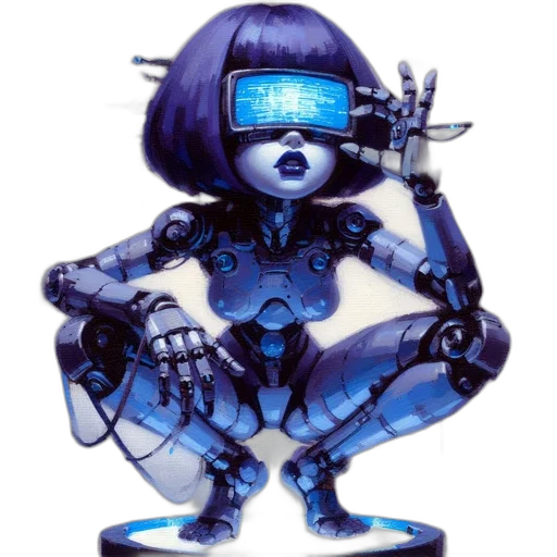 robot, staff, cyberpunk, concept art, vaporwave, pixel art, neon lights, blue transparent PNG cut-out