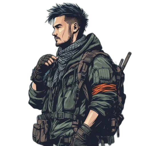 jacket, weapon, concept art, cyberpunk, comic book art, pixel art, green, dark transparent PNG cut-out