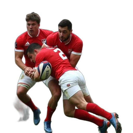 rugby, match, progress, players, red, white, jerseys, one transparent PNG cut-out
