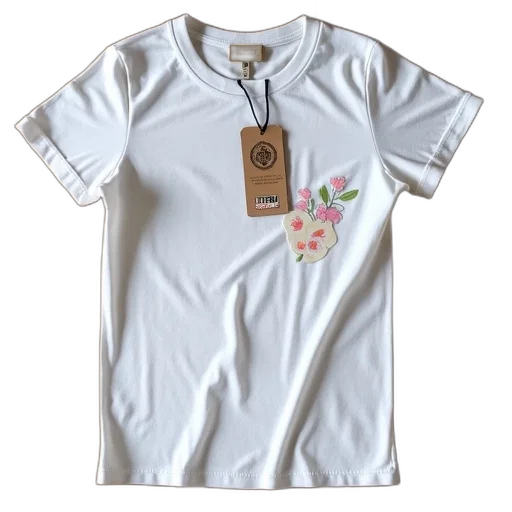 dress, white, t-shirt, floral, pattern, price, tag, laid transparent PNG cut-out