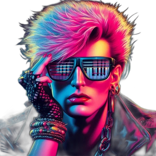 jacket, face, hair, cyberpunk, photorealistic, vaporwave, pixel art, neon lights transparent PNG cut-out