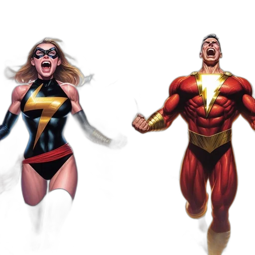 comic book art, concept art, 3d render, two, superheroes, one, female, golden-black transparent PNG cut-out