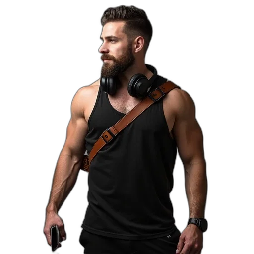 staff, jacket, cyberpunk, man, muscular, build, wearing, black transparent PNG cut-out
