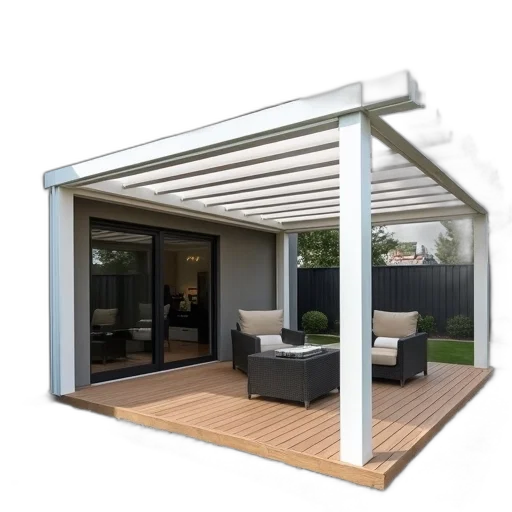 3d render, photorealistic, modern, patio, white, gazebo-style, roof, supported transparent PNG cut-out